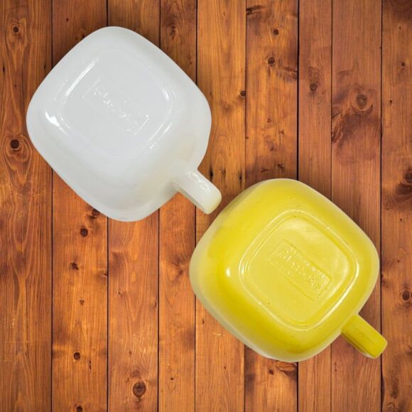 Vintage Glasbake Milk Glass Mugs Lot of 2 White & Yellow Block Handle Square Mug - Picture 5 of 10